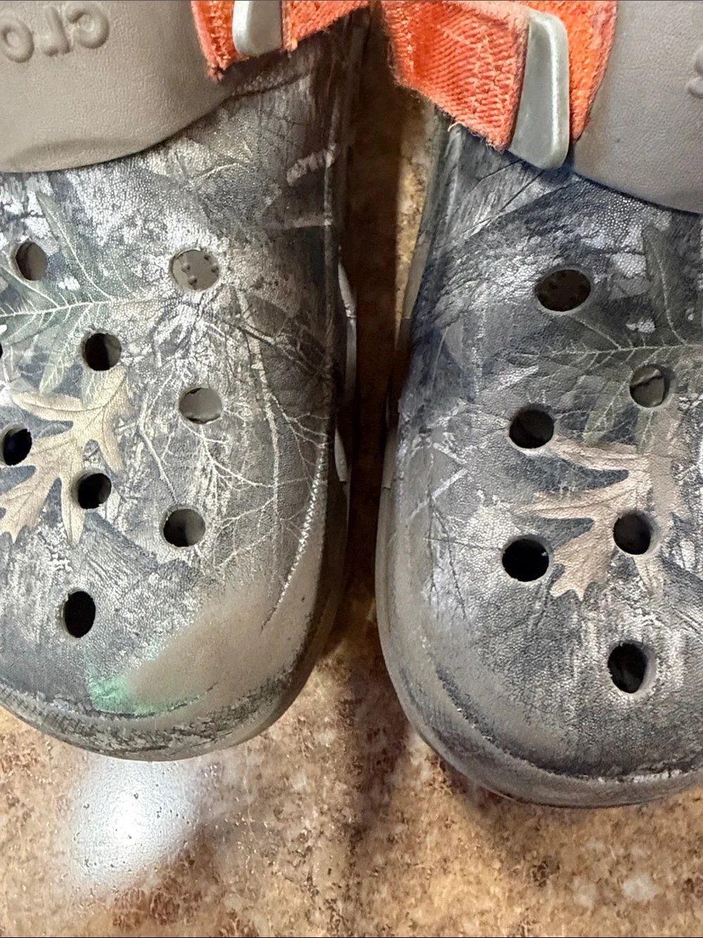 CROCS Gray Camo Clog with Orange Strap